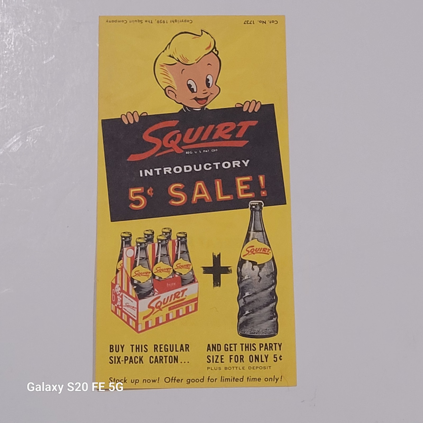 Vintage Squirt Soda Diecut 1959 Bottle Topper Squirt Boy Dbl Sided