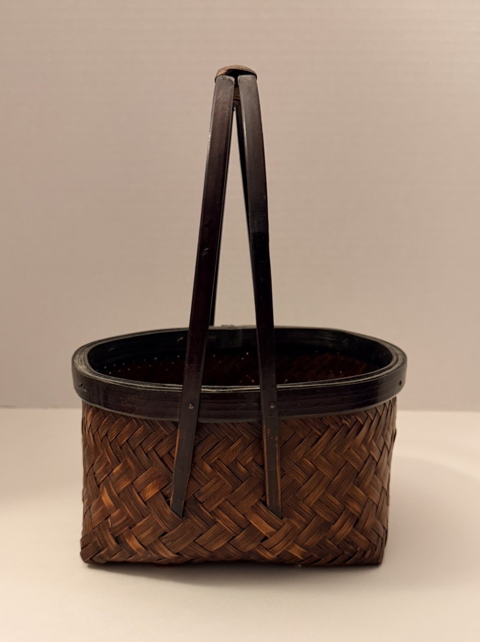 Vintage Handwoven Bamboo Basket Dark Brown Black Finish Long Handle 10\
