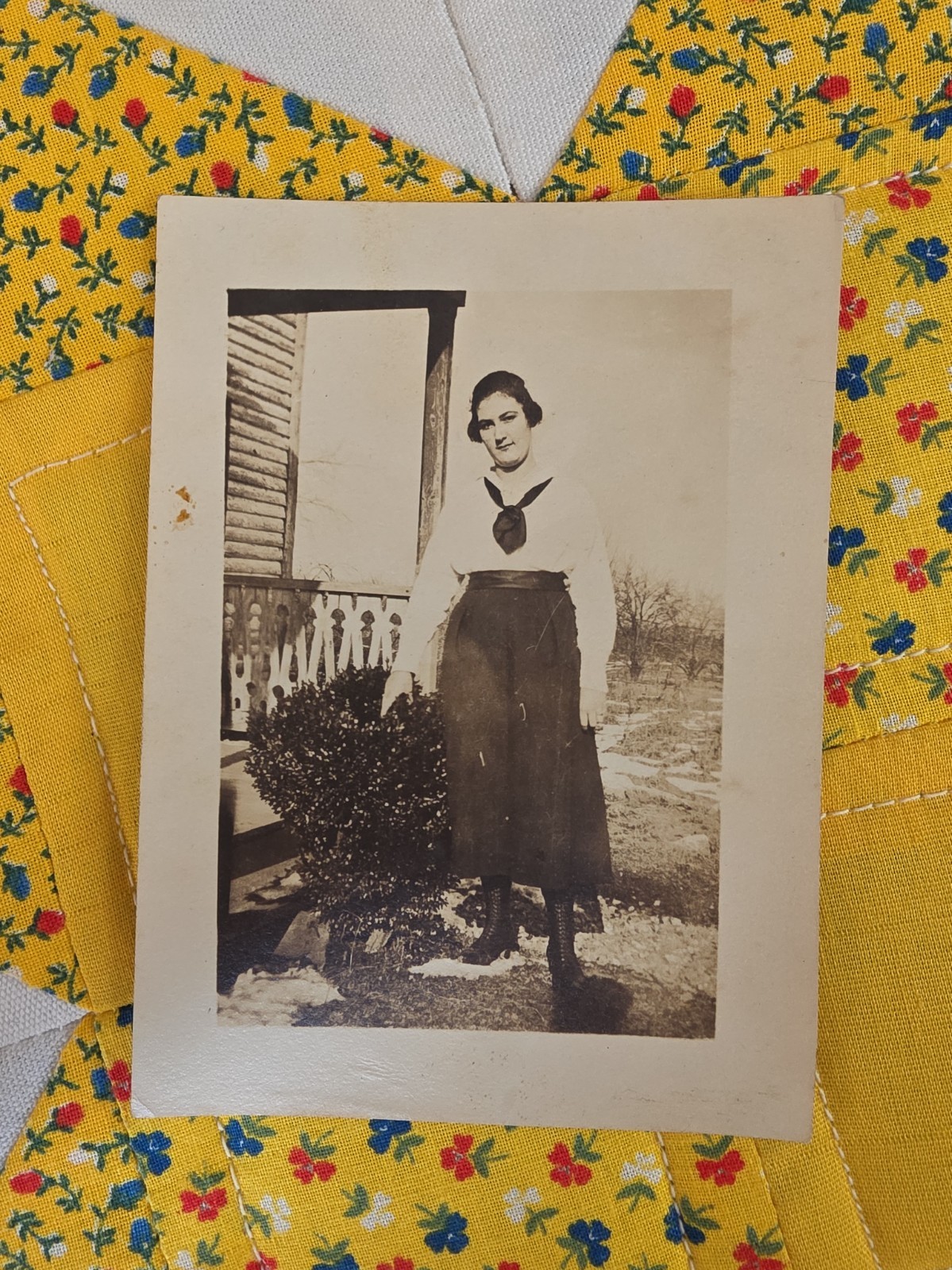 Vintage 1910s 1920s Snapshot Photo Woman Sailor Collar Blouse Fashion Porch Vintage 1910s 1920s Snapshot Photo Woman Sailor Collar Blouse Fashion Porch