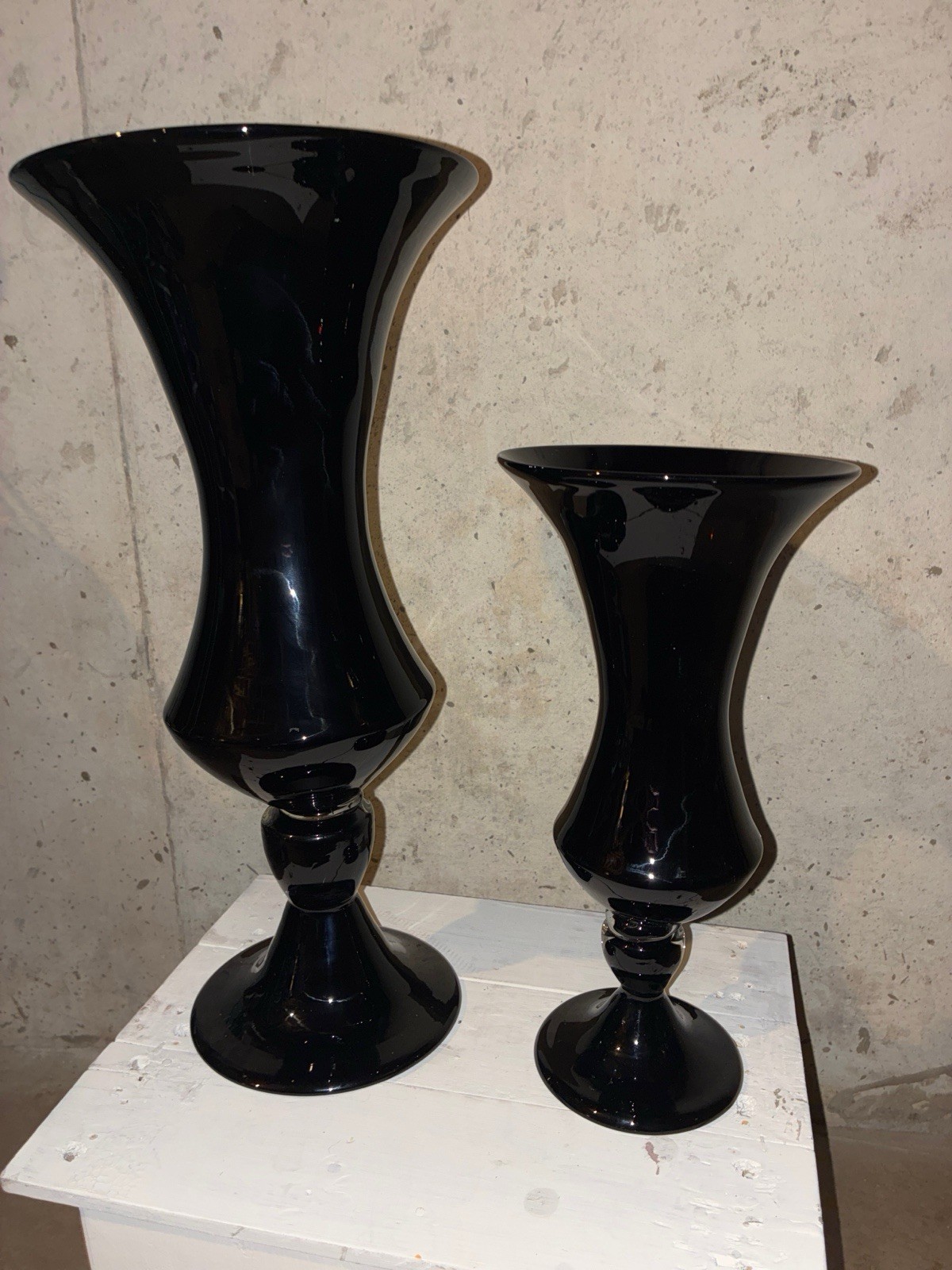 Vtg Empoli Style True Black Amethyst Glass Pedestal Flared Vases Set 15.5