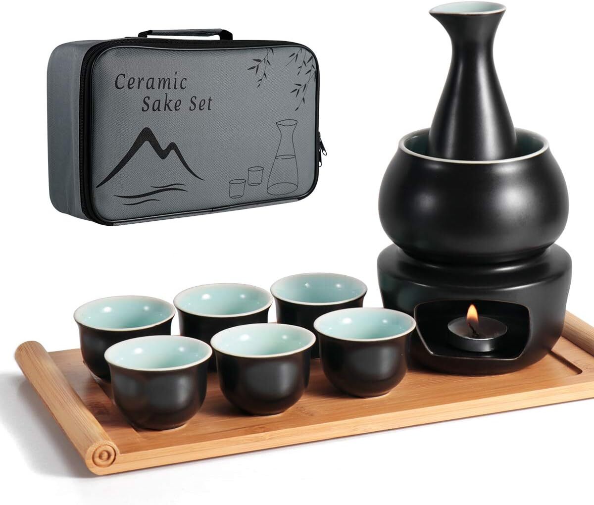 Ceramic Sake Set with Warmer Pot Tray, Stovetop Porcelain Pottery Hot Saki Drink