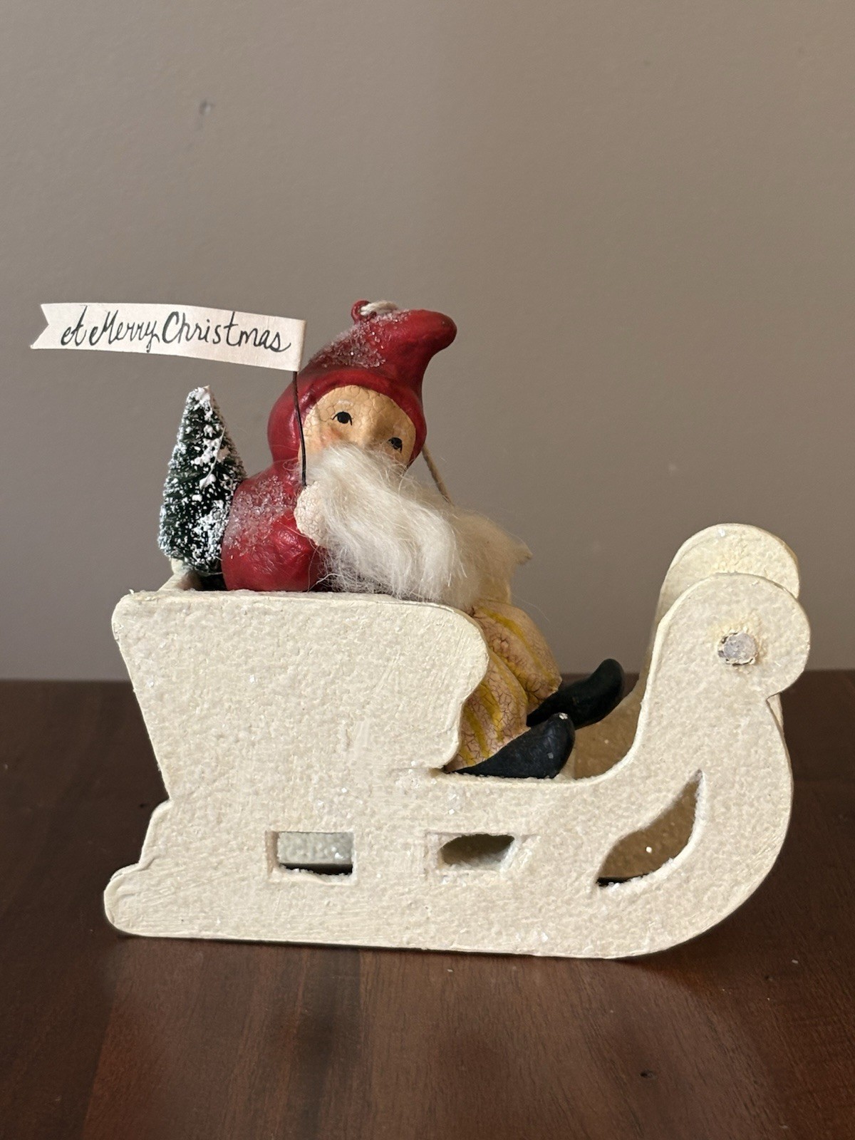 Vintage Nicol Sayre Santa in Sleigh Holding Banner Merry Christmas 6x5”