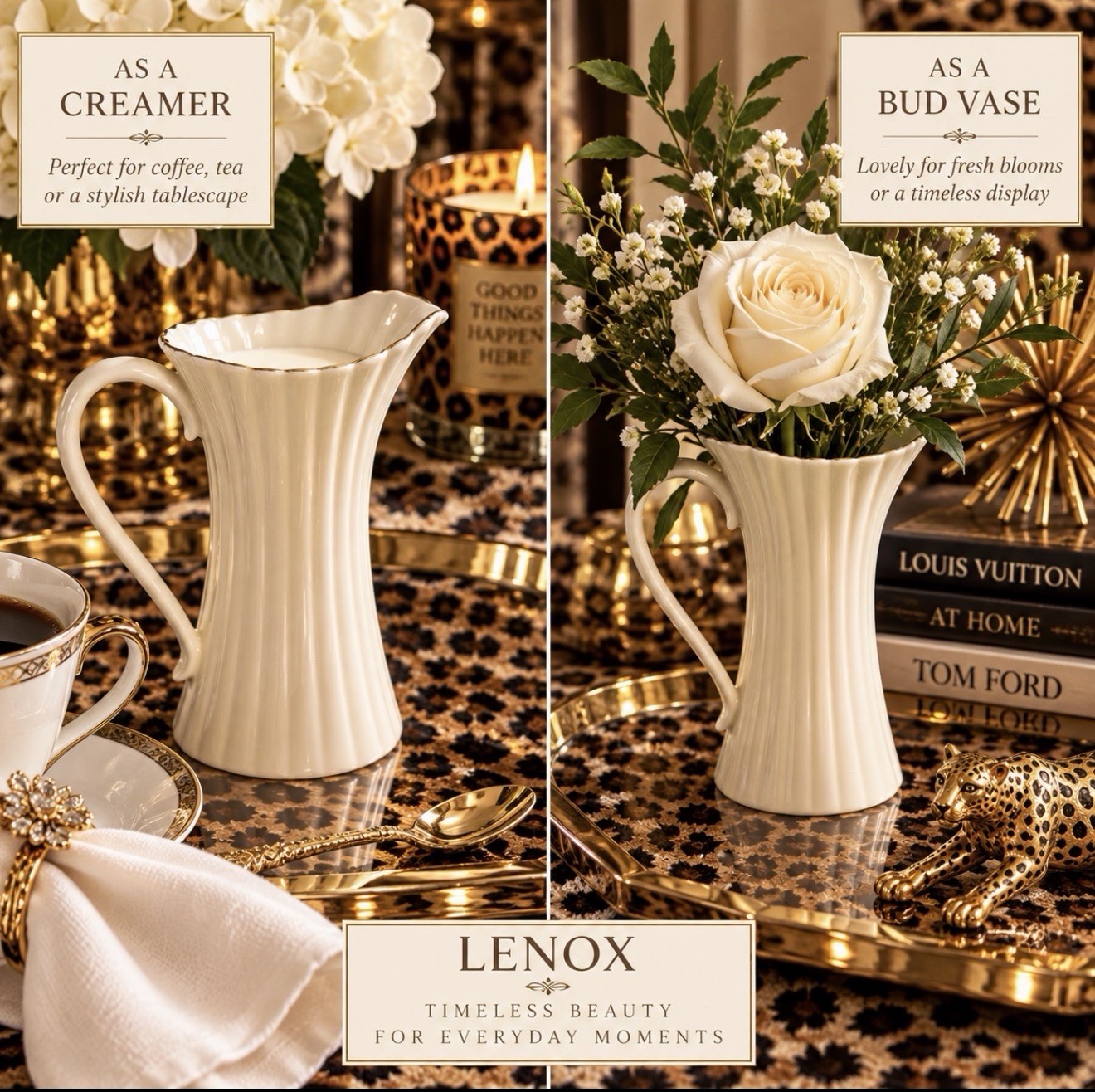 Vintage Lenox Bouquet Ivory China Creamer with 24K Gold Rim Or Bud Vase 5.5”