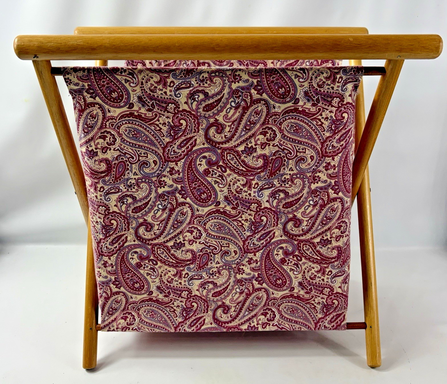 Vtg 1970s Wooden Folding Knitting Basket Fabric Sling Sewing Caddy Magazine Rack