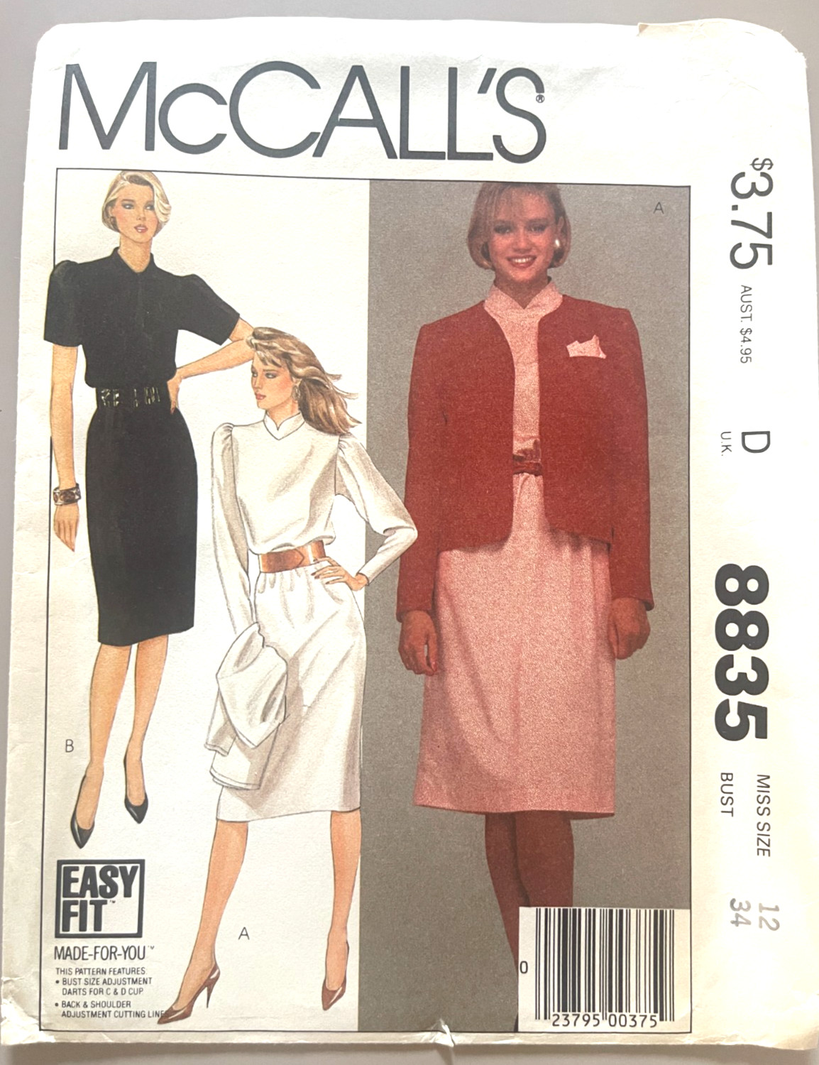 1980\'s McCall\'s Misses\'  Dress,Jacket Pattern 8835 Size 12 UNCUT
