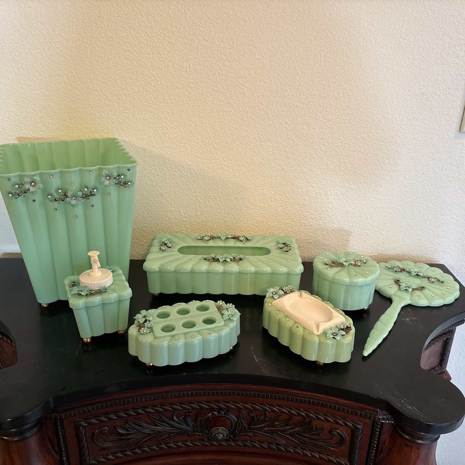 Vintage 1950's Menda Aqua Flower and Rhinestone Plastic Vanity Set 7 piece RARE