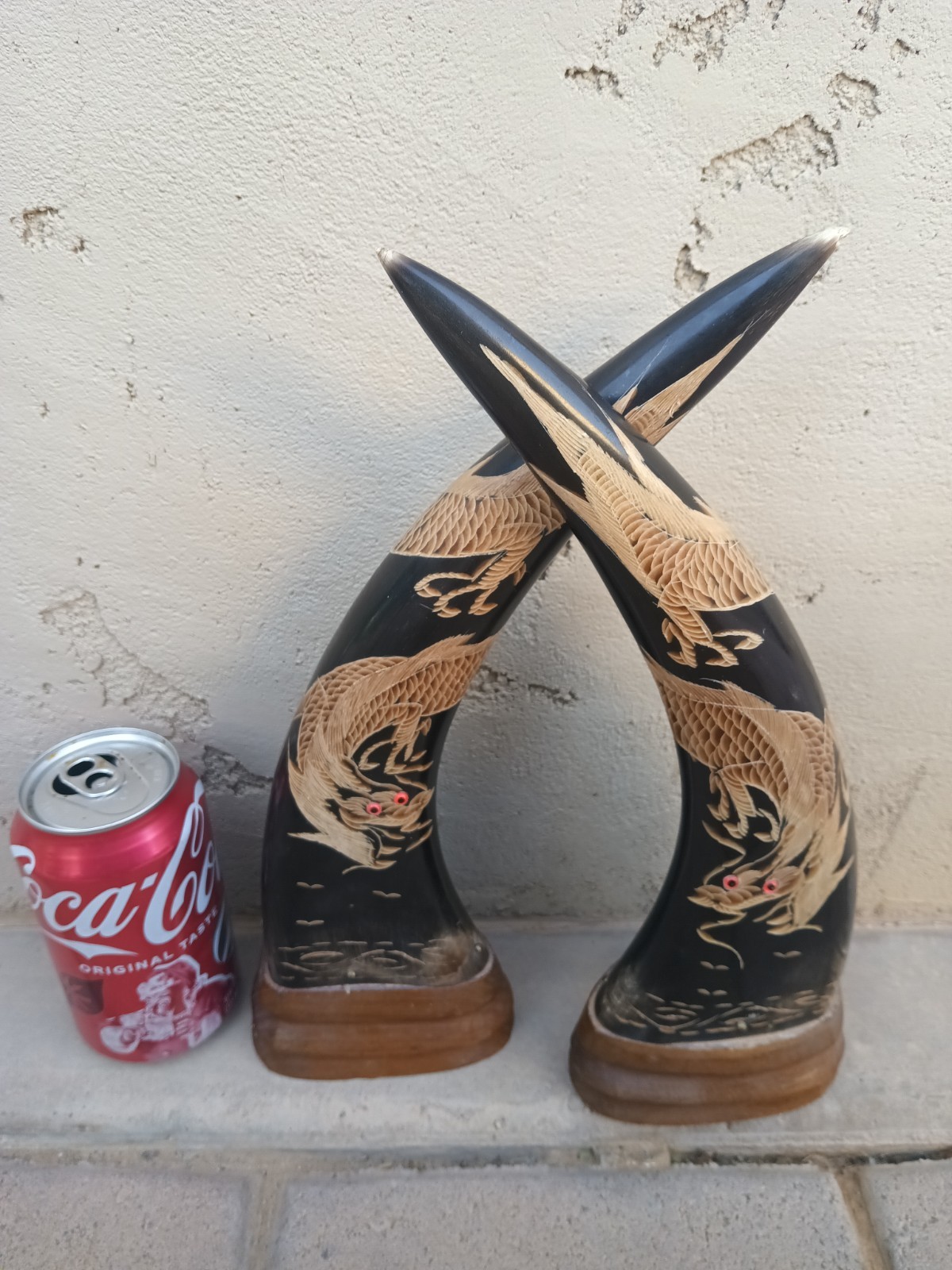Vintage Asian Carved Water Buffalo Horn Pair Chinese Dragon Art 12\