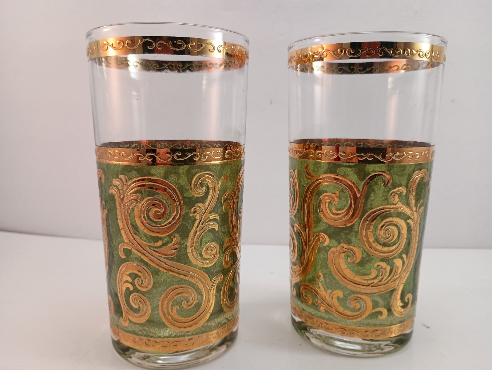 2 VTG MCM Culver Baroque Green Gold Scroll Glasses 22 KT Replacement Barware 