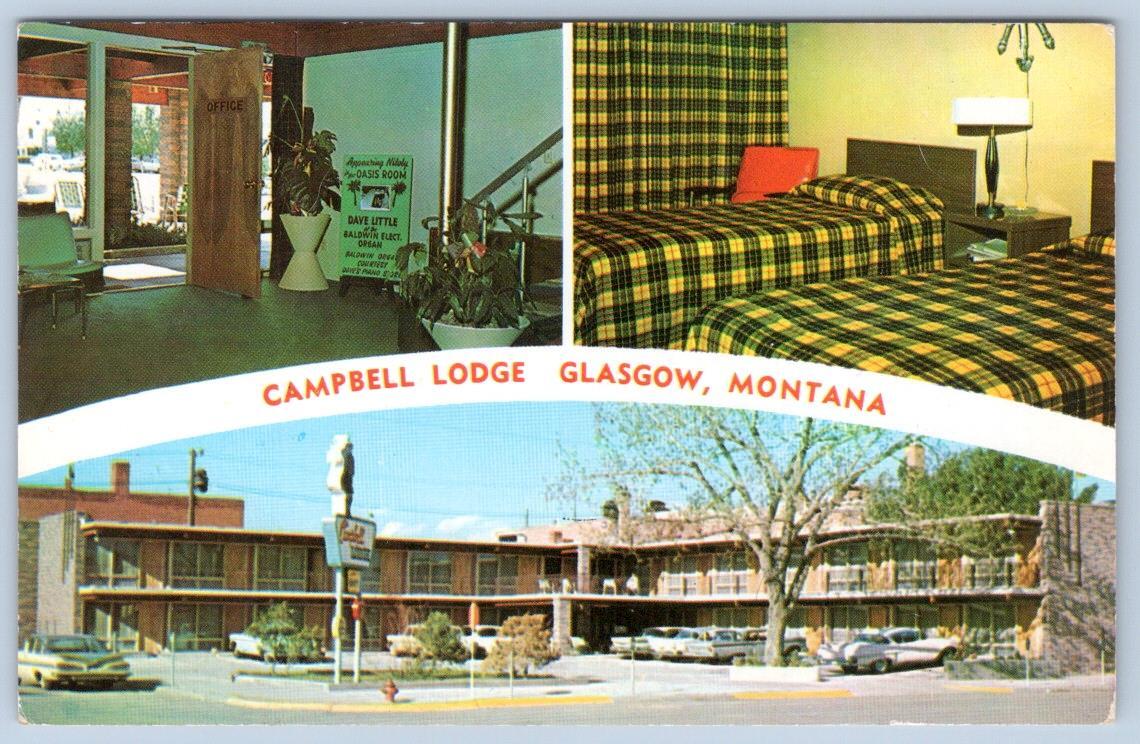 1950\'s GLASGOW MONTANA CAMPBELL LODGE MOTEL PLAID BEDROOM MCM OLD CARS POSTCARD