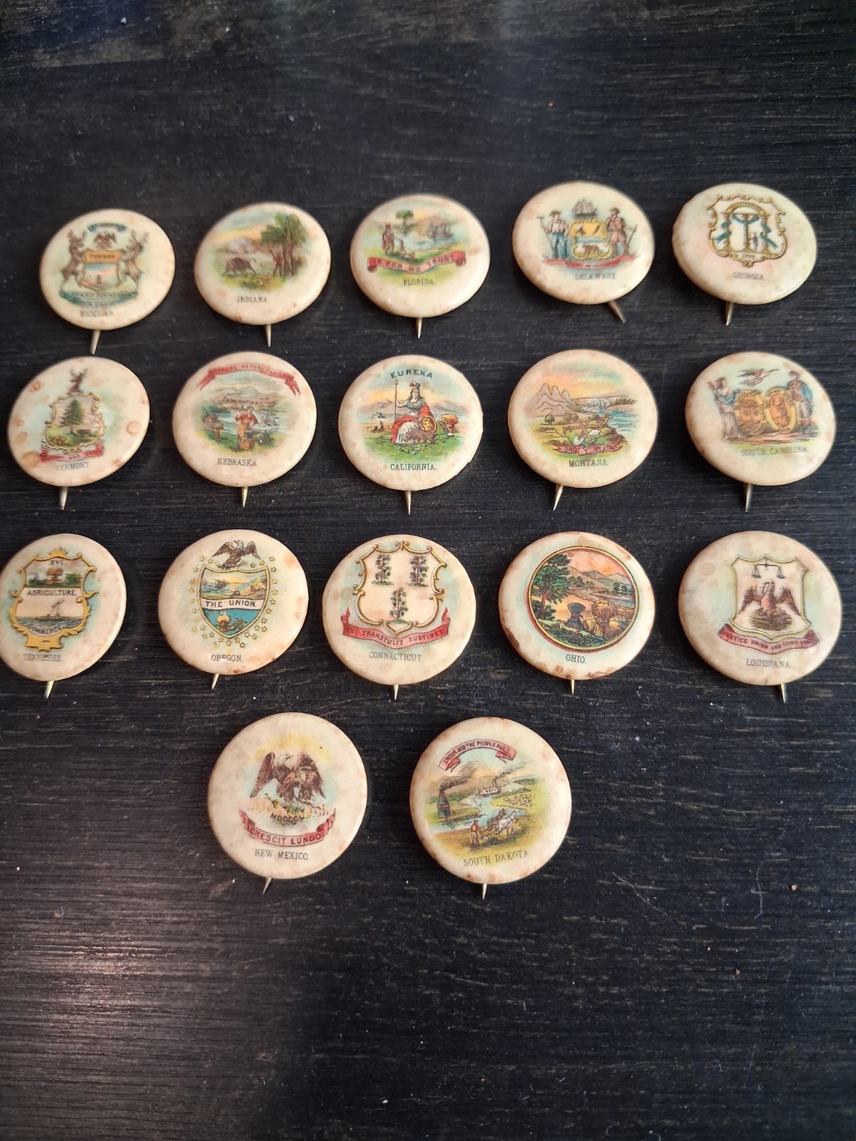 Lot of 17 Vintage Sweet Caporal U.S. State Seal Souvenir Pinback Buttons Pins Lot of 17 Vintage Sweet Caporal U.S. State Seal Souvenir Pinback Buttons Pins