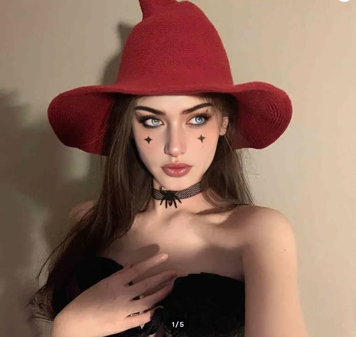 Adorable Modern Witch Hat In Red Knitted Witch Hat Pointed Wizard Cap Halloween Adorable Modern Witch Hat In Red Knitted Witch Hat Pointed Wizard Cap Halloween