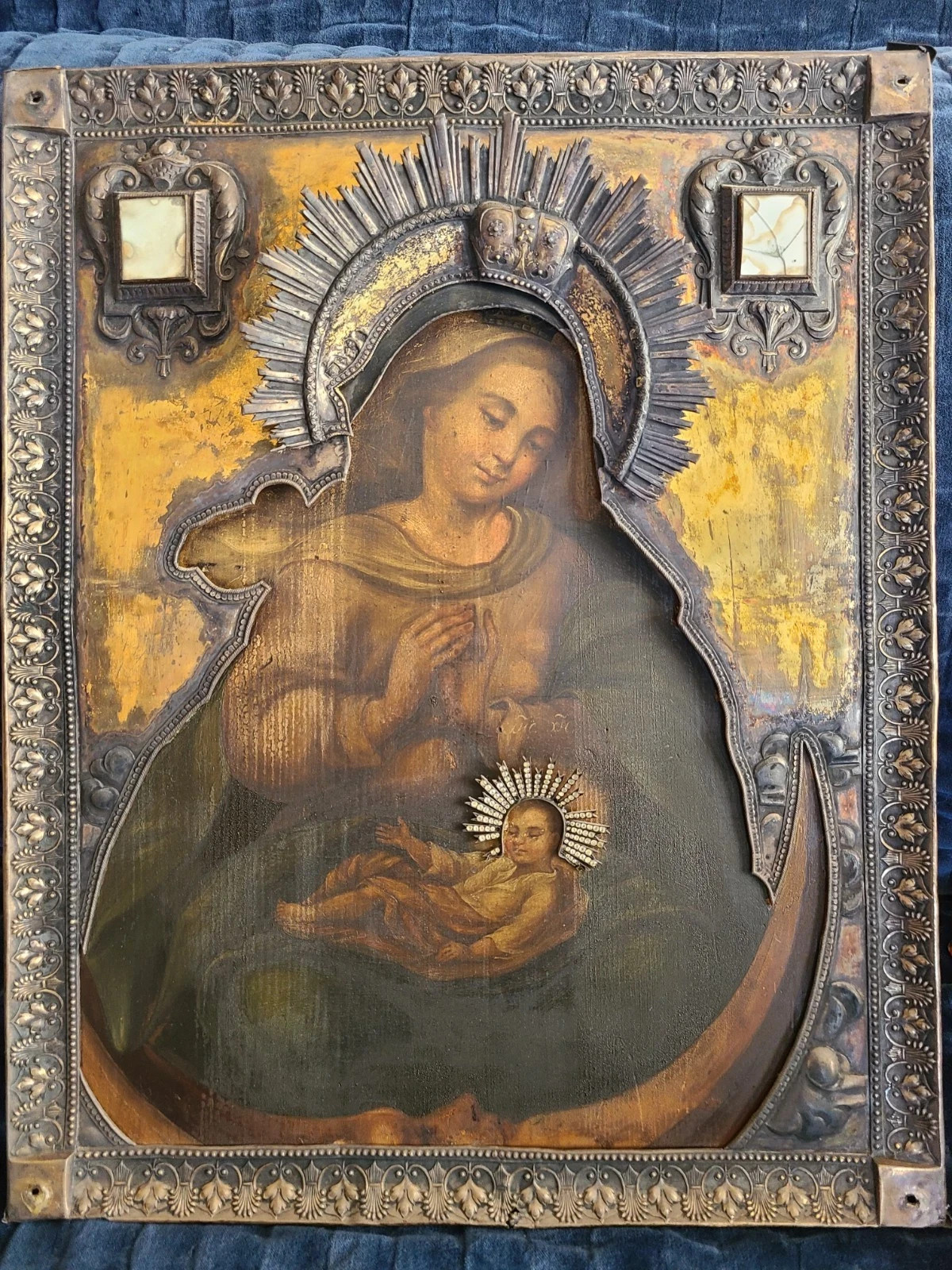 Antique Russian Orthodox Icon 1820 Silver 84 Theotokos Helper in Childbirth