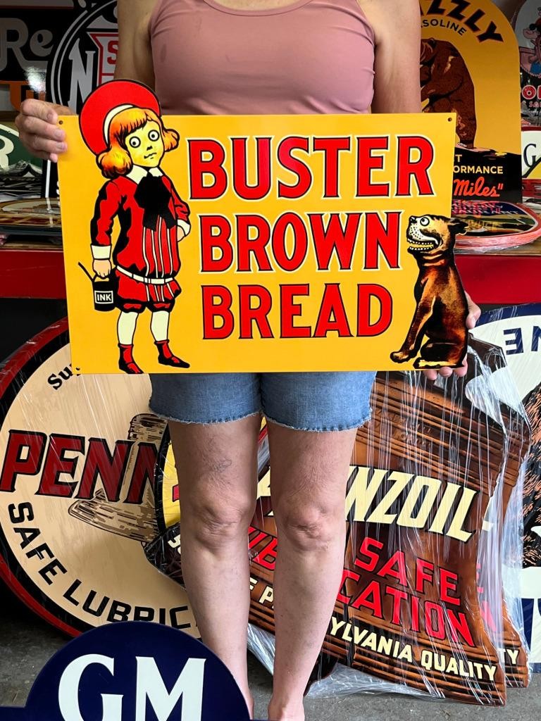 Vintage Old Style Steel Sign Buster Brown Bread NOT Porcelain Made USA 22\
