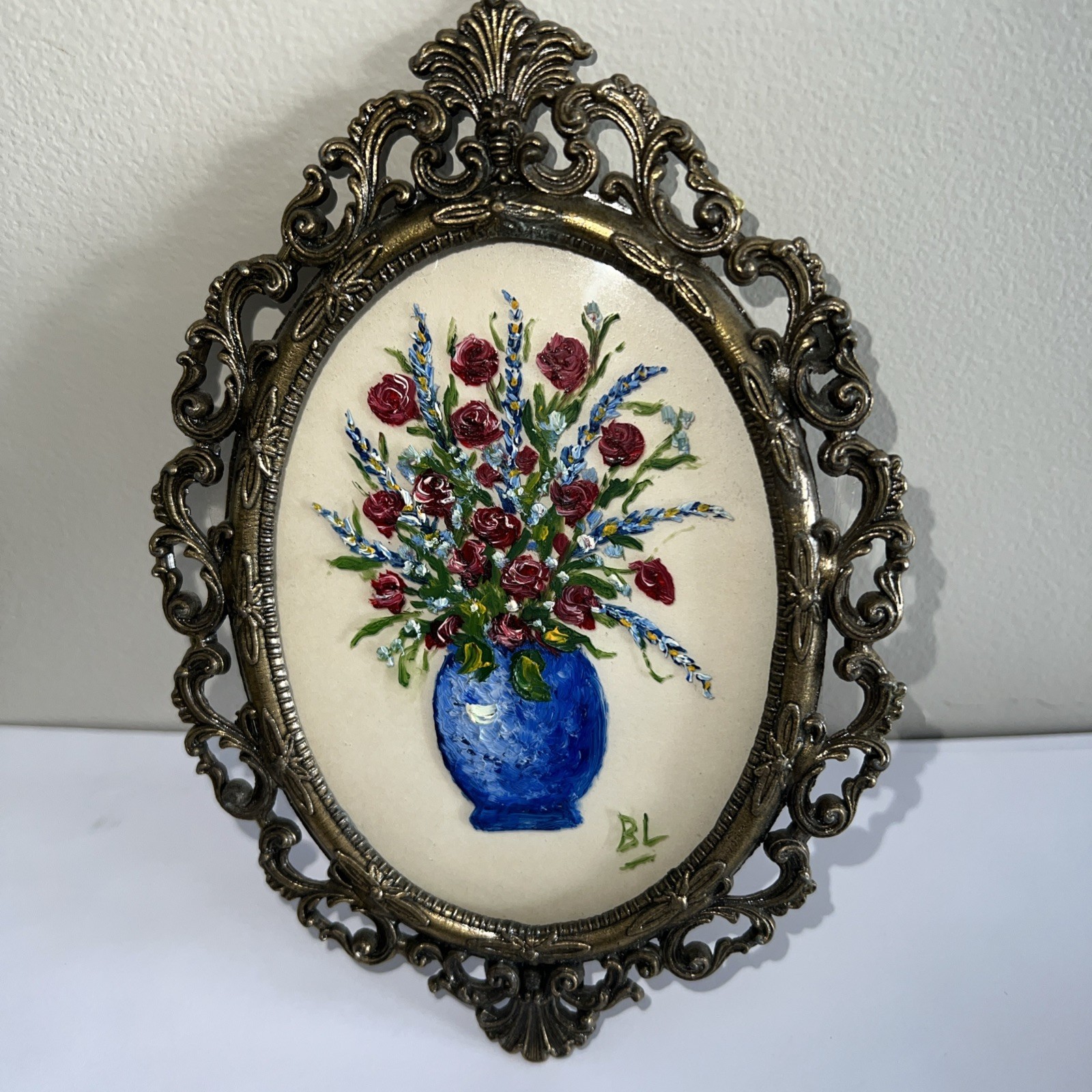 VTG Ornate Oval Brass Italy Hand Painted Art Flower Vase Painting 6.75” As Is