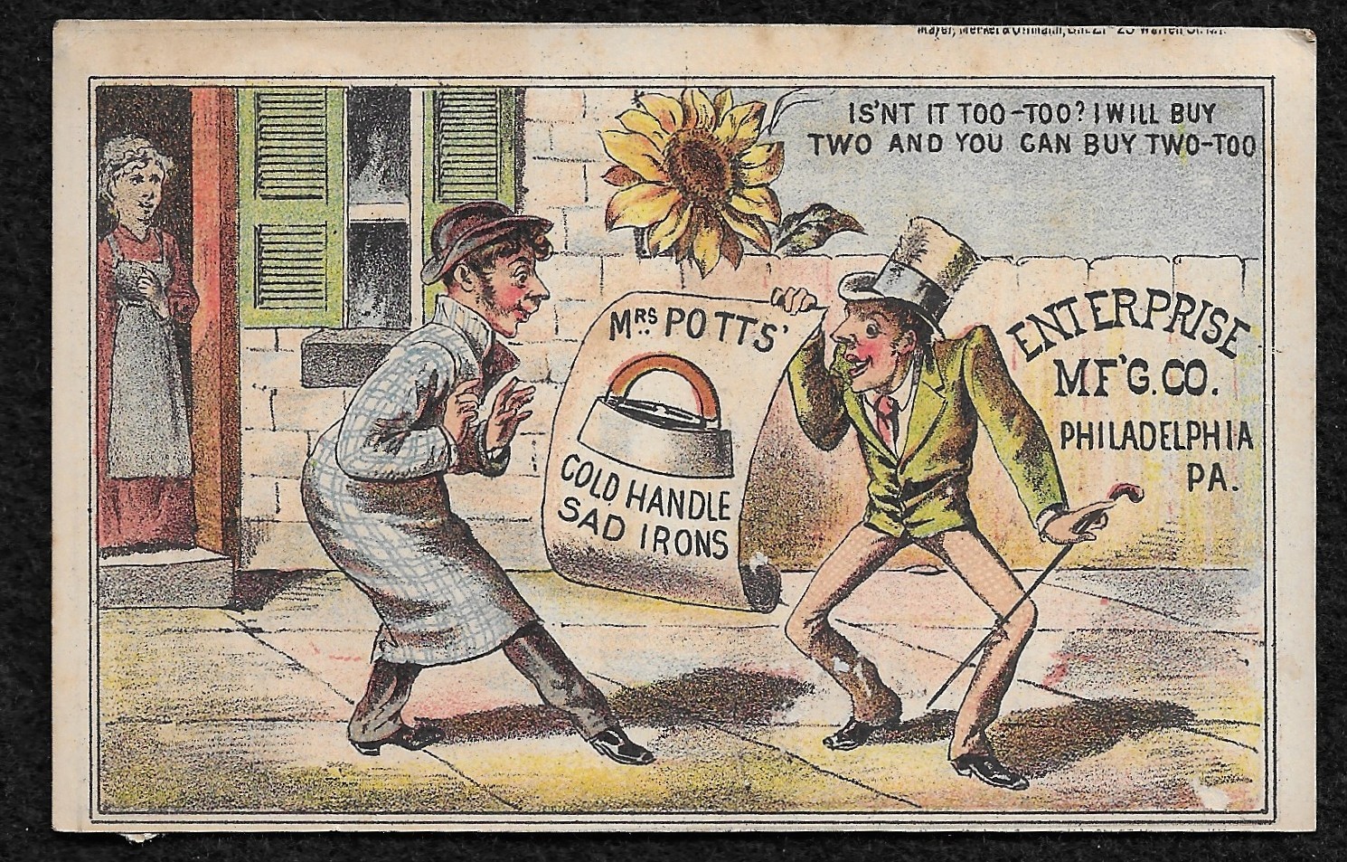 Victorian Trade Card ENTERPRISE MFG MRS POTTS COLD HANDLE SAD IRONS Two For Too Victorian Trade Card ENTERPRISE MFG MRS POTTS COLD HANDLE SAD IRONS Two For Too