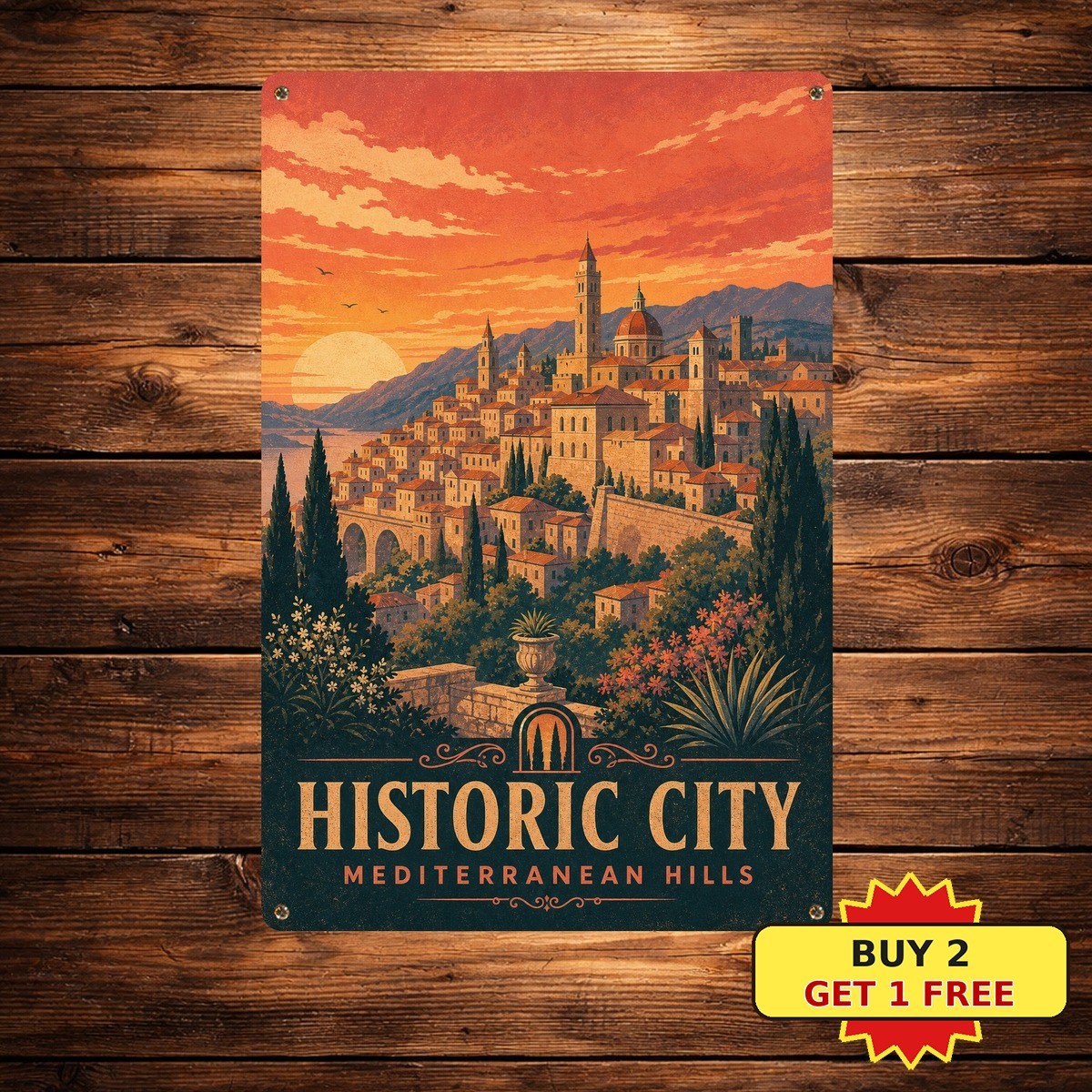 Granada Cityscape Sunset Skyline Alhambra Inspired Art Vintage Metal Sign