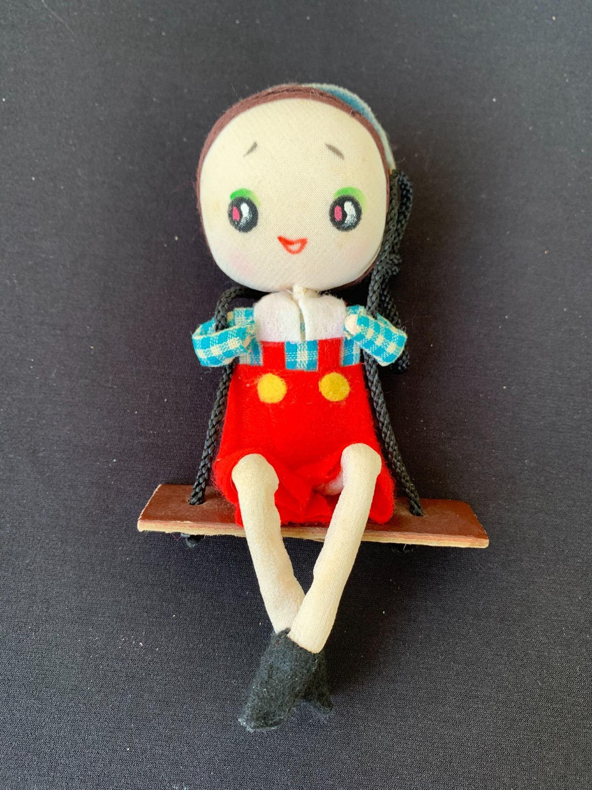 Christmas Stockinette Pixie Girl On Swing Vintage MCM Made In Japan Ornament Christmas Stockinette Pixie Girl On Swing Vintage MCM Made In Japan Ornament