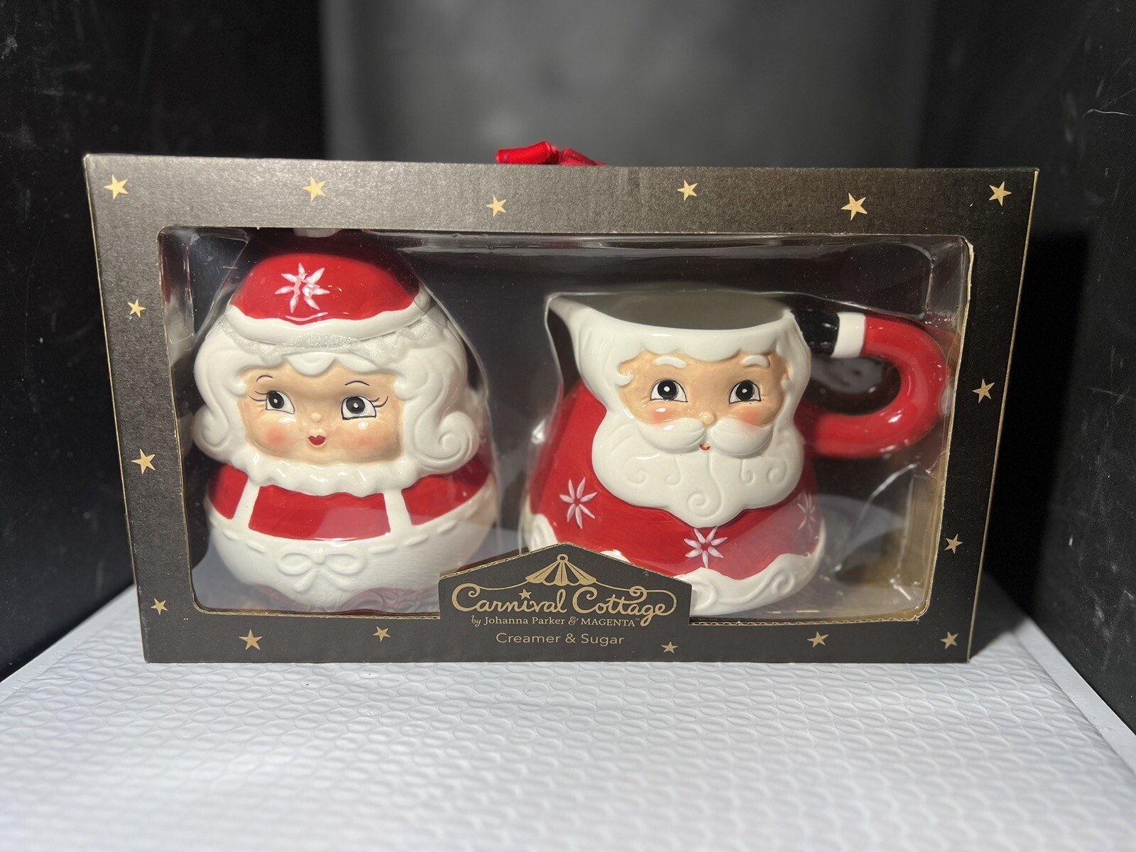 Johanna Parker Carnival Cottage Creamer Sugar Christmas Mr Mrs Claus Set (Z57