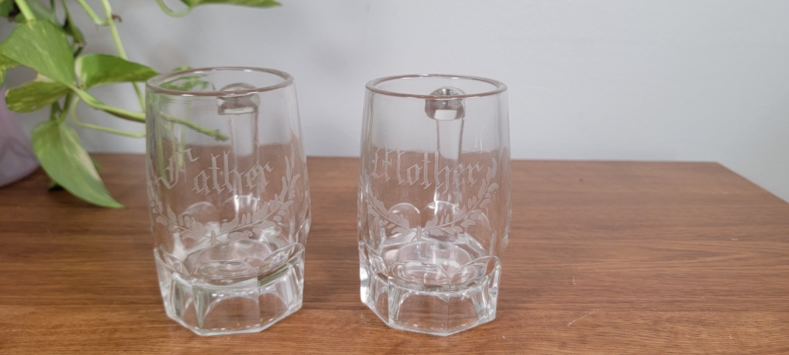Vintage Etched Mini Beer Mugs / Shot Glasses - Mother & Father Set (Pair) Vintage Etched Mini Beer Mugs / Shot Glasses - Mother & Father Set (Pair)