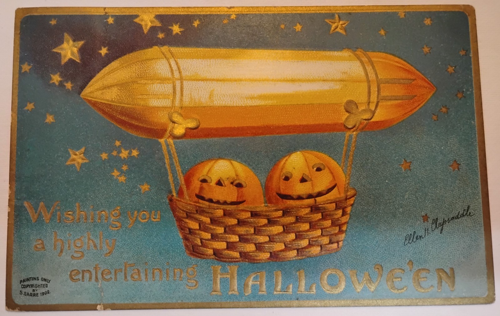 Antique Ellen Clapsaddle Airship Blimp Pumpkin Ride Halloween Postcard