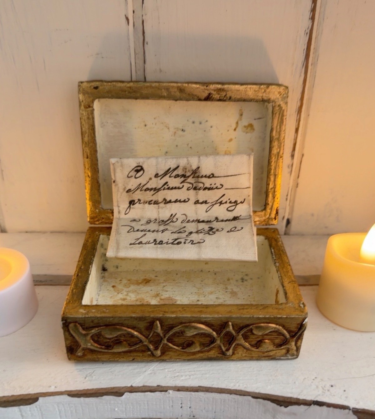Antique French Letter Dated 1772 Nestled in Gilded Florentine Box