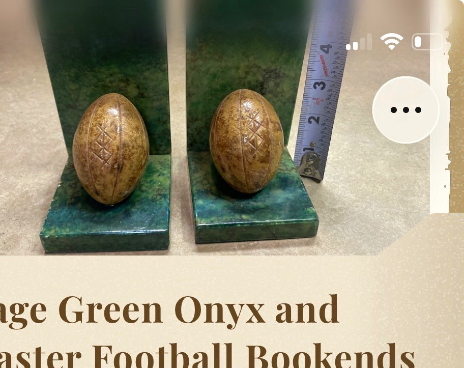 Vintage Green Onyx & Alabaster Football Bookends Pair, Carved, MCM 1950s. Vintage Green Onyx & Alabaster Football Bookends Pair, Carved, MCM 1950s.