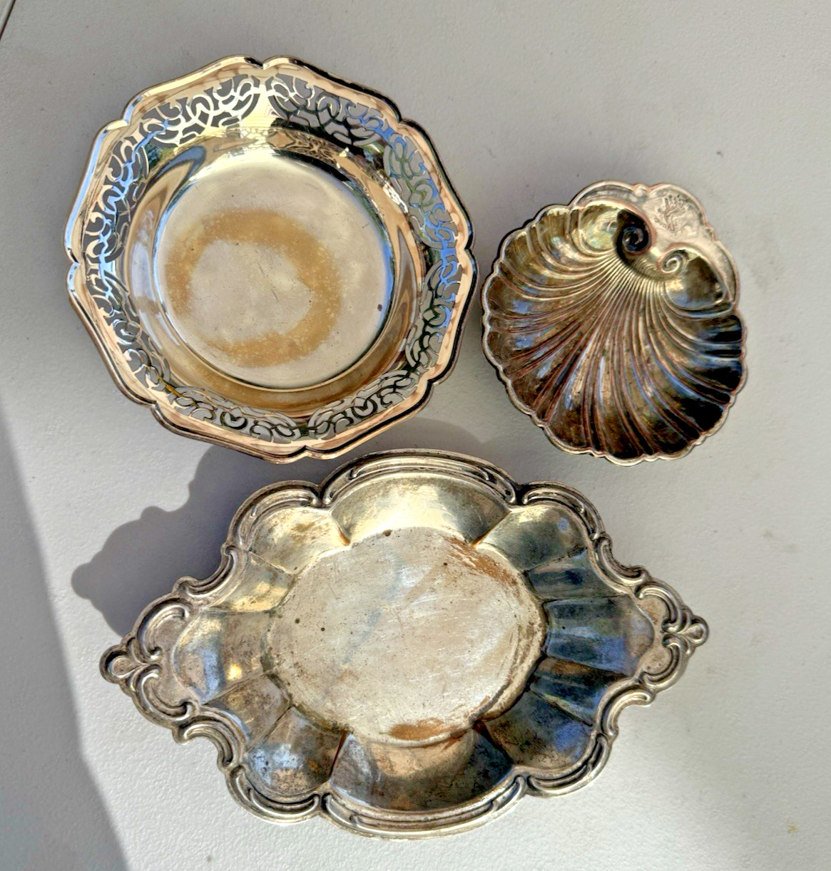 Vintage Silverplate Lot of 3 Aged Patina Trinket Dish Tray Bowl Farmhouse Decor