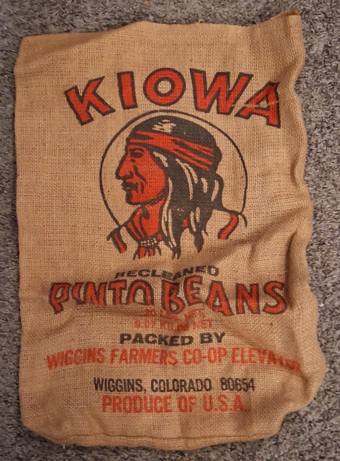 VINTAGE KIOWA PINTO BEANS BURLAP BAG 20\ VINTAGE KIOWA PINTO BEANS BURLAP BAG 20\
