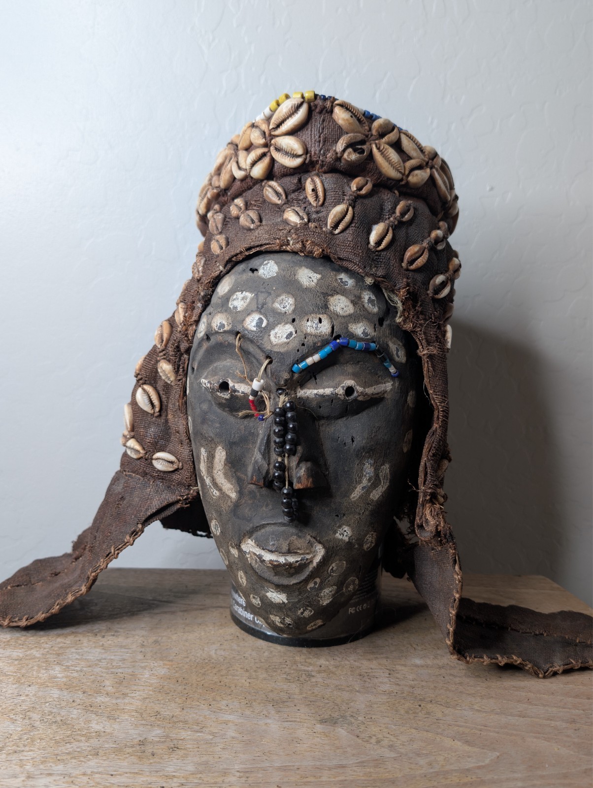 Vintage Kuba Bwoom Mask African Tribal Helmet Cowrie Shells & Beaded Wood