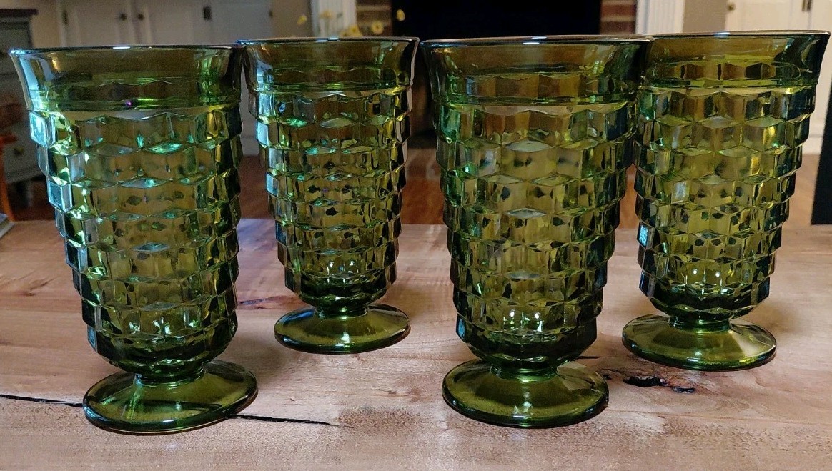 (4) Indiana Glass Whitehall Colony avocado green cubist footed 12oz glasses (4) Indiana Glass Whitehall Colony avocado green cubist footed 12oz glasses
