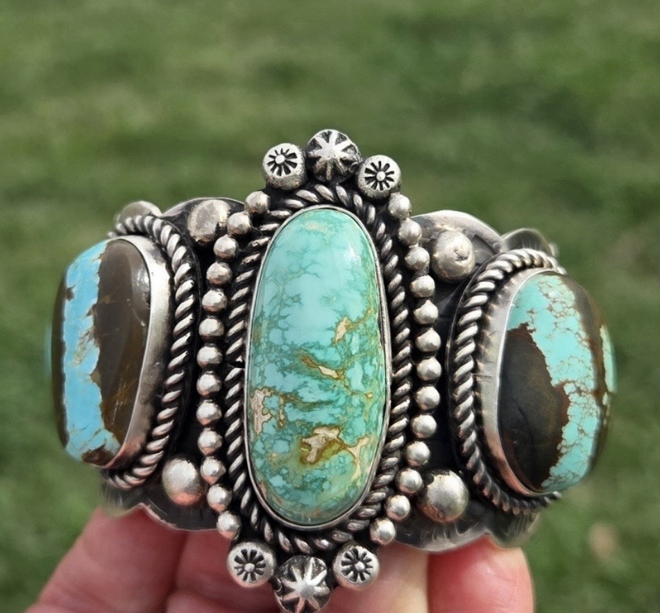 Native American Sterling Silver Royston & Blackjack Turquoise Cuff Bracelet 