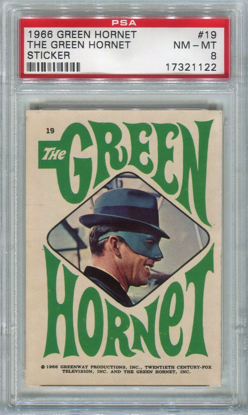 GREEN HORNET 1966 TOPPS The GREEN HORNET STICKER Van Williams #19 PSA 8 NM-MT