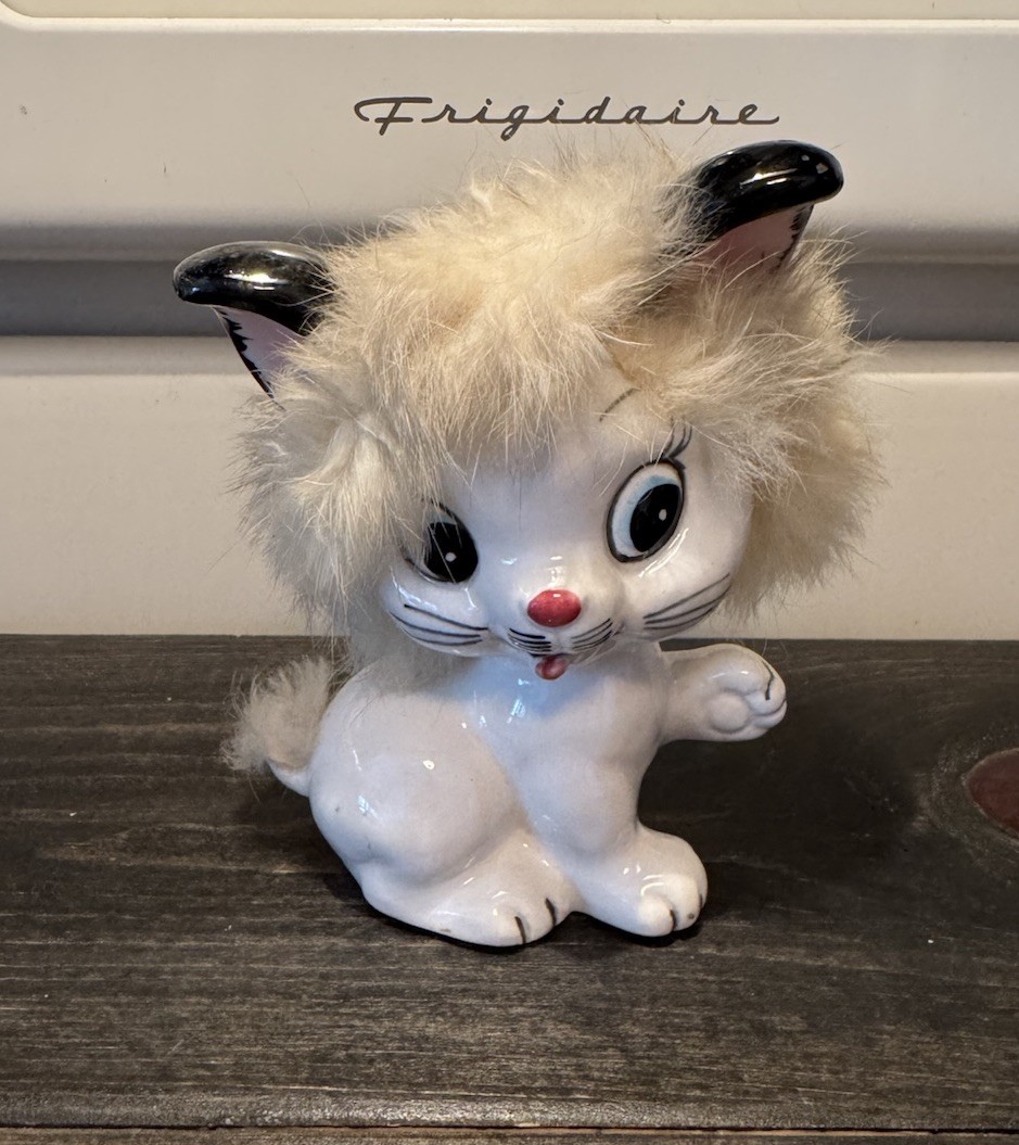 Vtg 1950's Anthropomorphic White Cat Porcelain Fluffy Fur Big Ears Figure