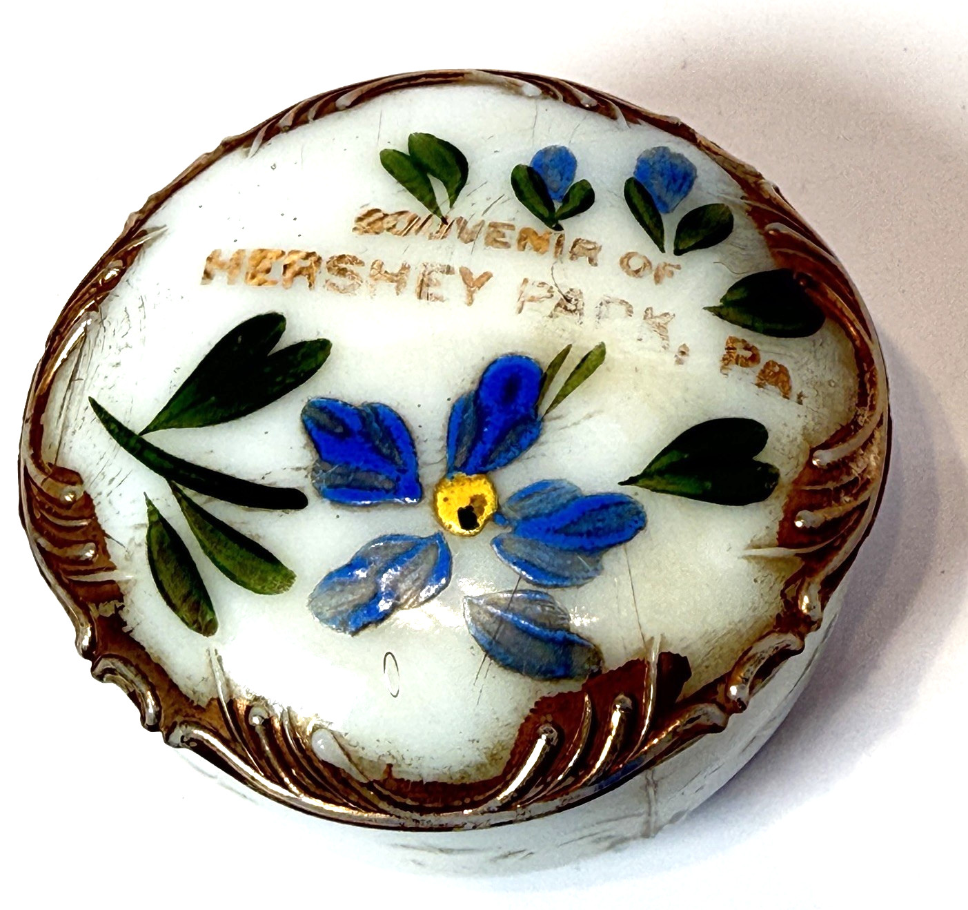 HERSHEY PARK PA Antique Depression MILK Glass Cut Souvenir PAINTED TRINKET BOX HERSHEY PARK PA Antique Depression MILK Glass Cut Souvenir PAINTED TRINKET BOX