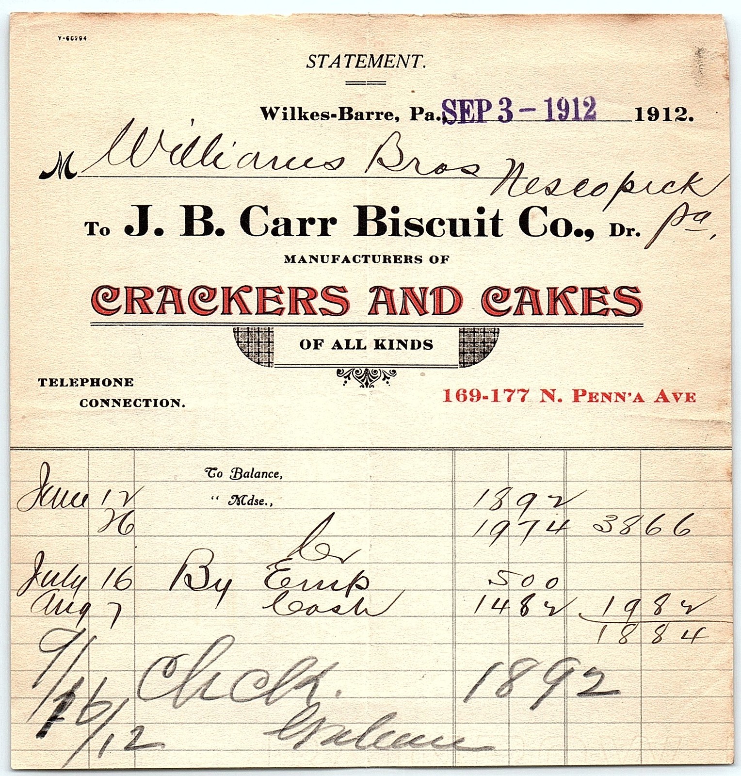 1912 J. B. Carr Biscuit Co. Crackers & Cakes Billhead