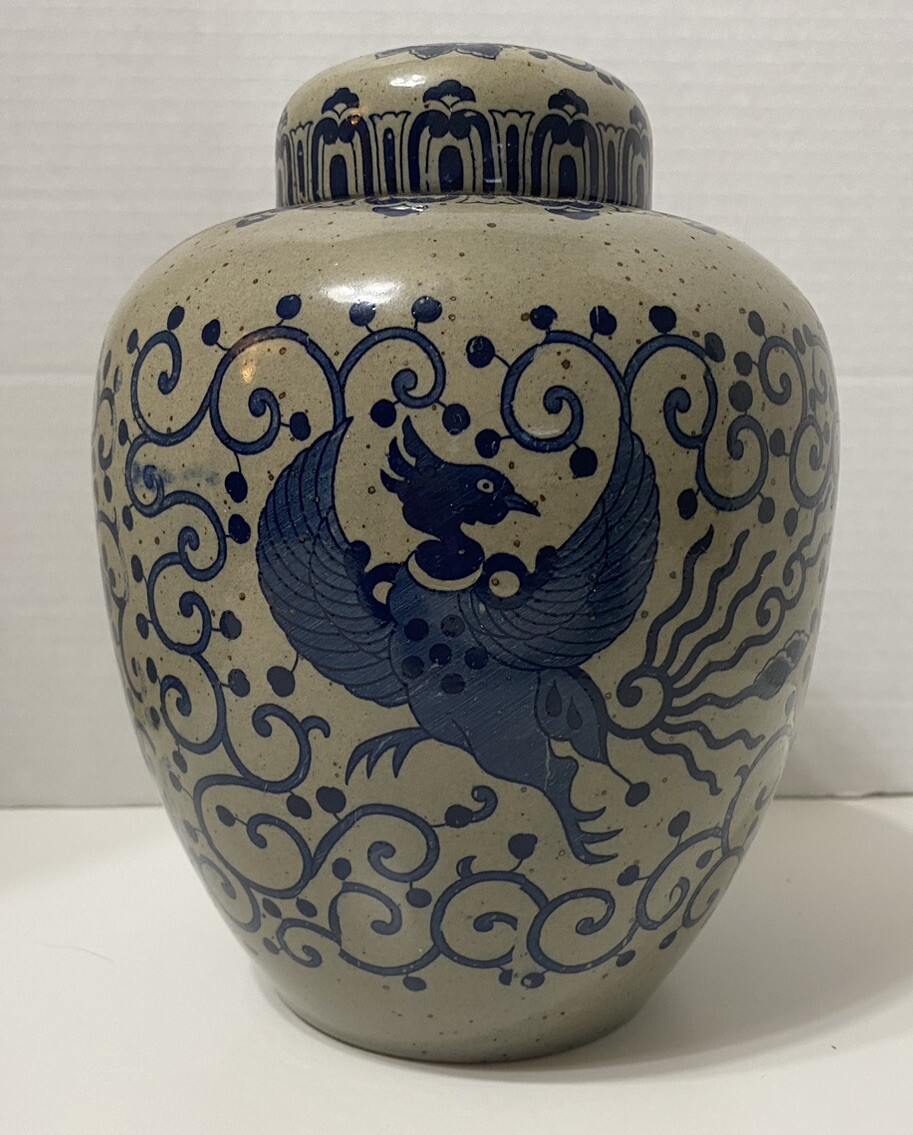 Vintage Cobalt Blue Gray Porcelain Ginger Jar Lid Phoenix Pattern 8\