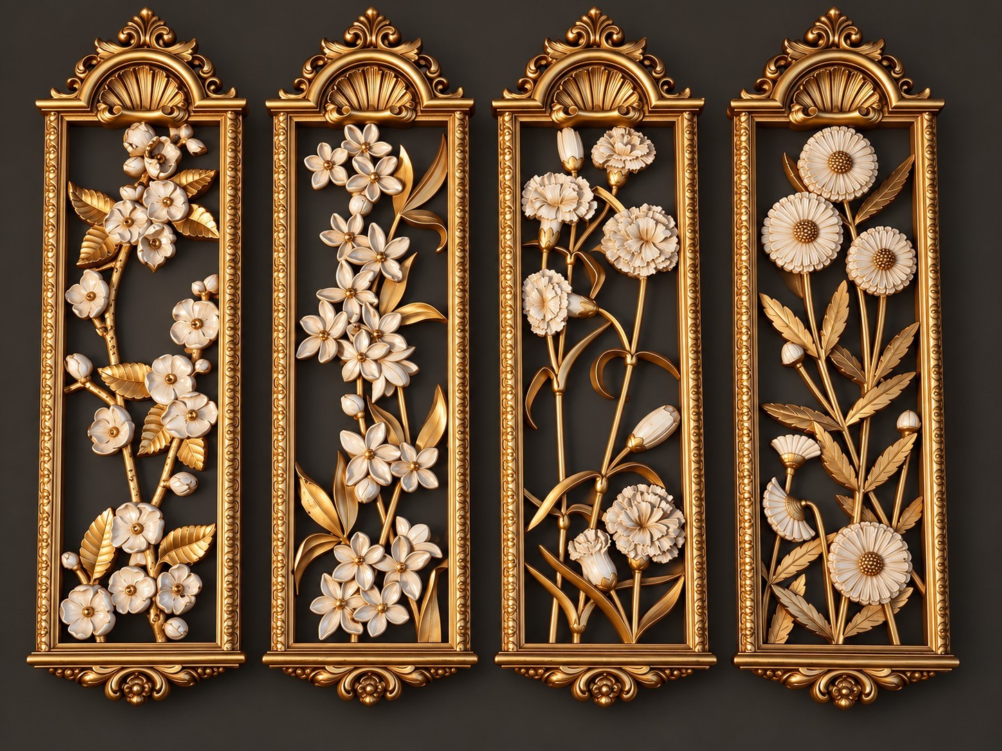 Vintage Syroco 4pc Gold Floral Wall Plaque Set Hollywood Regency 3D Relief 1974