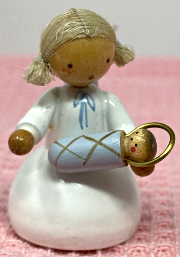 Erzgebirge Flade Wooden Angel Figurine Holding Baby & Halo made in Germany  #945