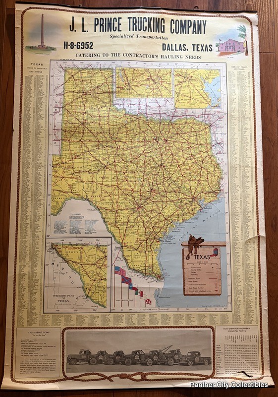 Scarce Huge 1950s Texas Wall Map J.L. Prince Trucking Company Dallas Texas
