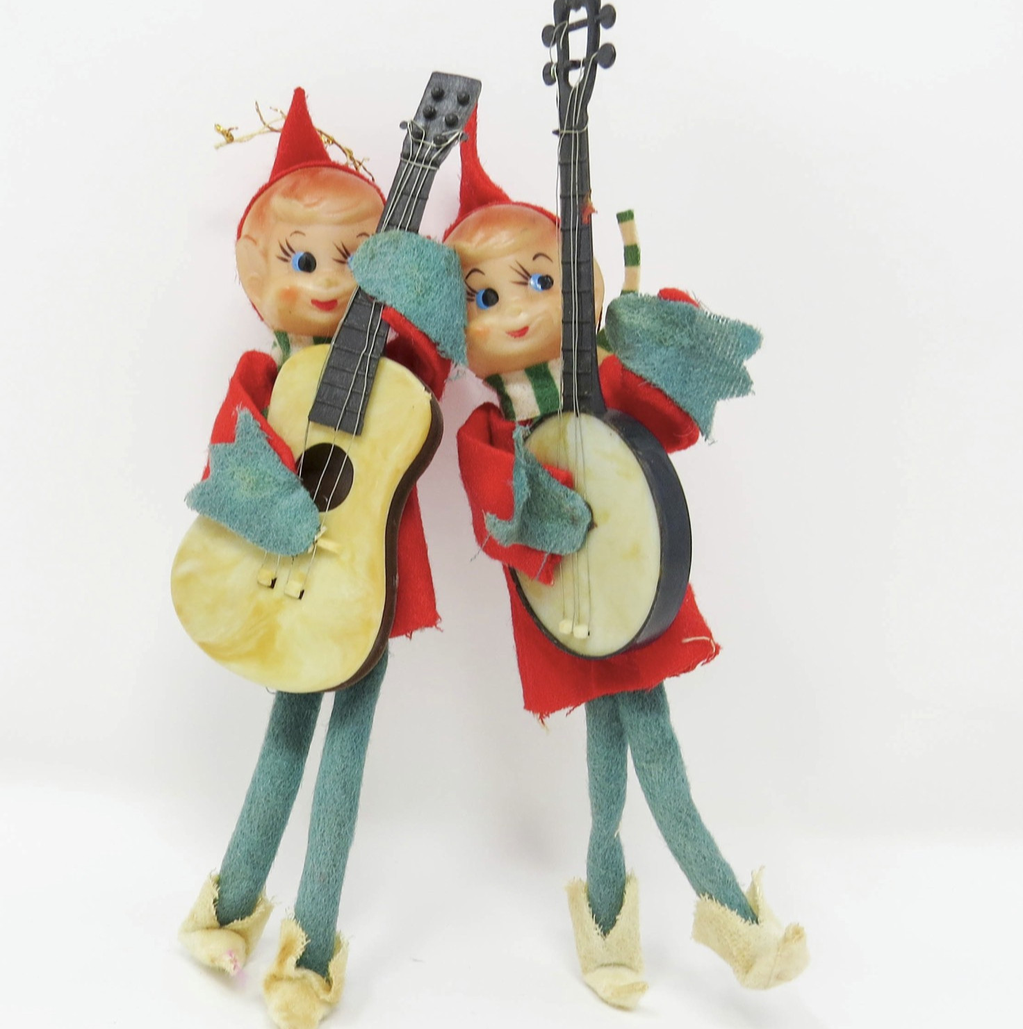 Lot of 2 Vintage Felt Elves Pixies Knee Huggers Guitar Banjo Xmas Ornaments ~ 7 Lot of 2 Vintage Felt Elves Pixies Knee Huggers Guitar Banjo Xmas Ornaments ~ 7