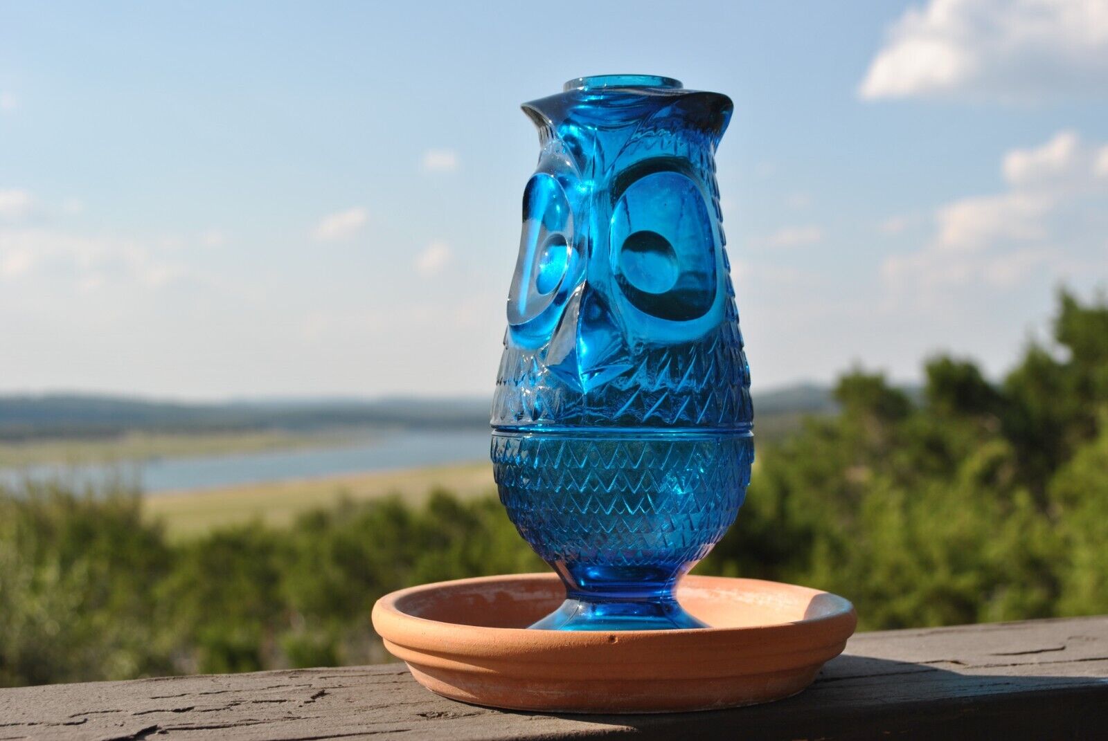 Vintage Viking Glass Bluenique Blue Owl Fairy Lamp Candleholder