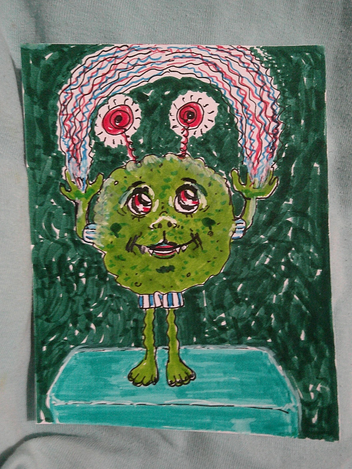 Vintage Style Halloween Greeting Card - Cute Green Alien - Handmade