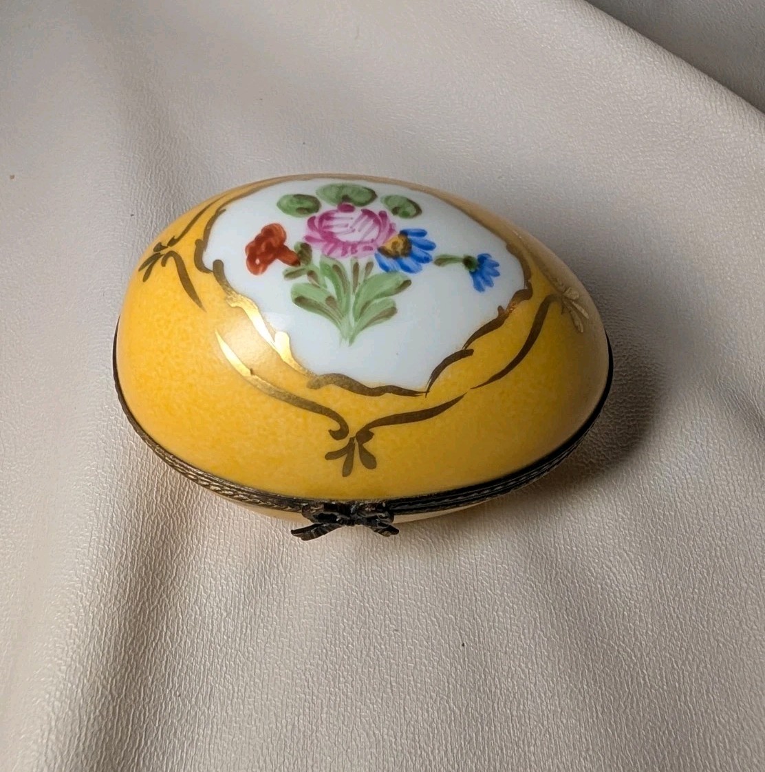 Vintage Limoges Hand Painted Floral Porcelain Yellow Egg Trinket Box  