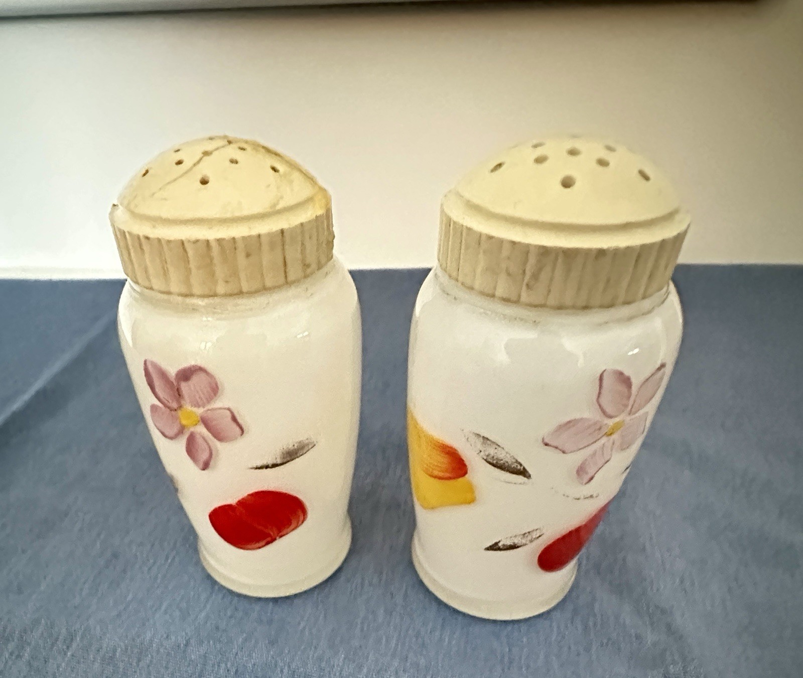Vintage Bartlett Collins Hand Painted Glass Salt & Pepper Shakers Floral & Fruit