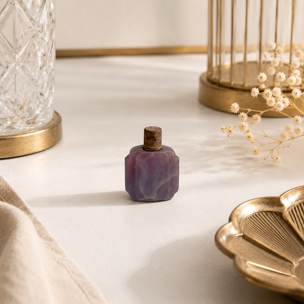 RARE Vtg 1920s Renaud Paris 1817 Mini Orchidee Purple Slag Glass Perfume Bottle