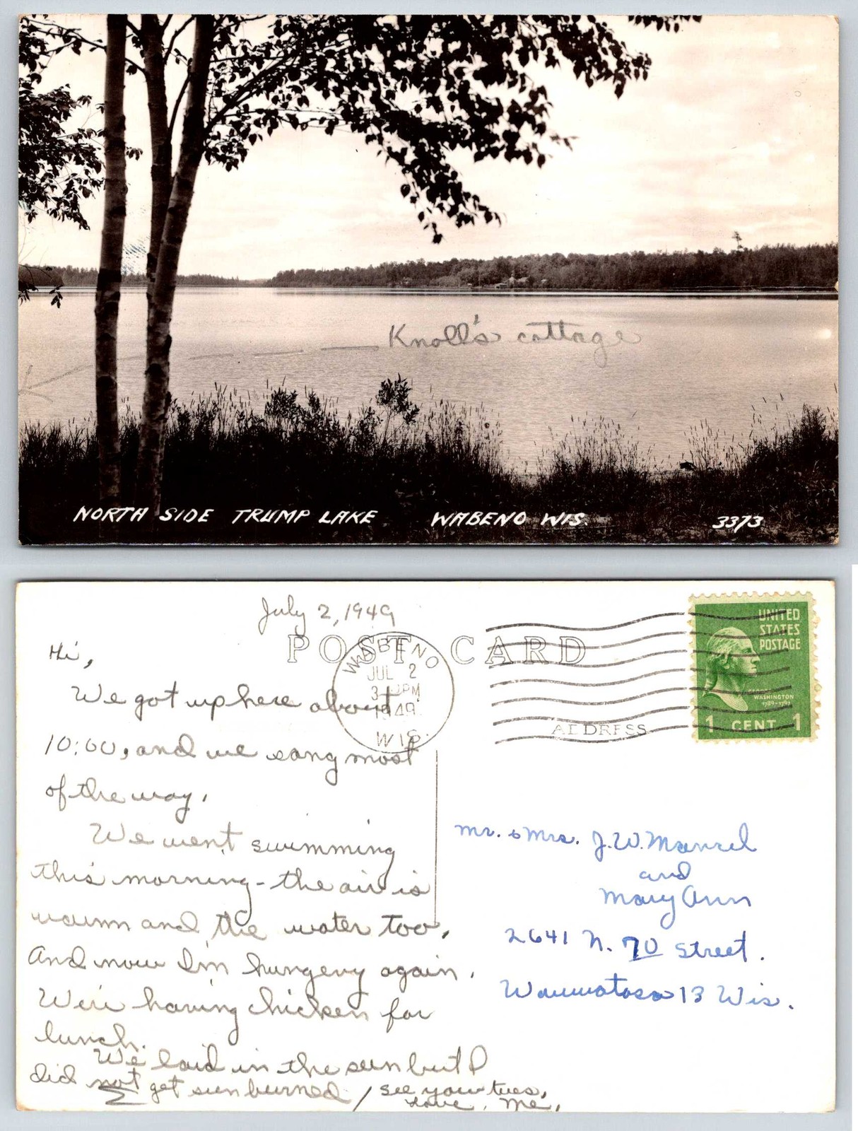 Wabeno Wisconsin Trump Lake North Side Knoll\'s Cottage RPPC Postcard ZH18