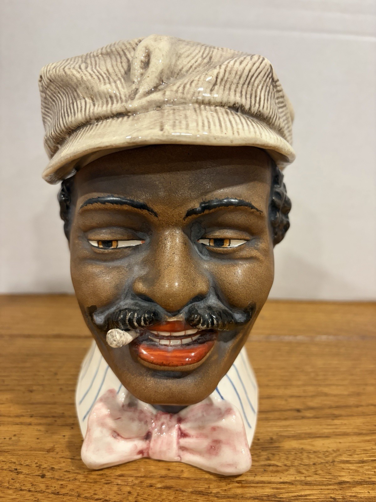 1900's Majolica Tobacco Humidor Handsome Man Figural Tobacciana 7” Tall Austria