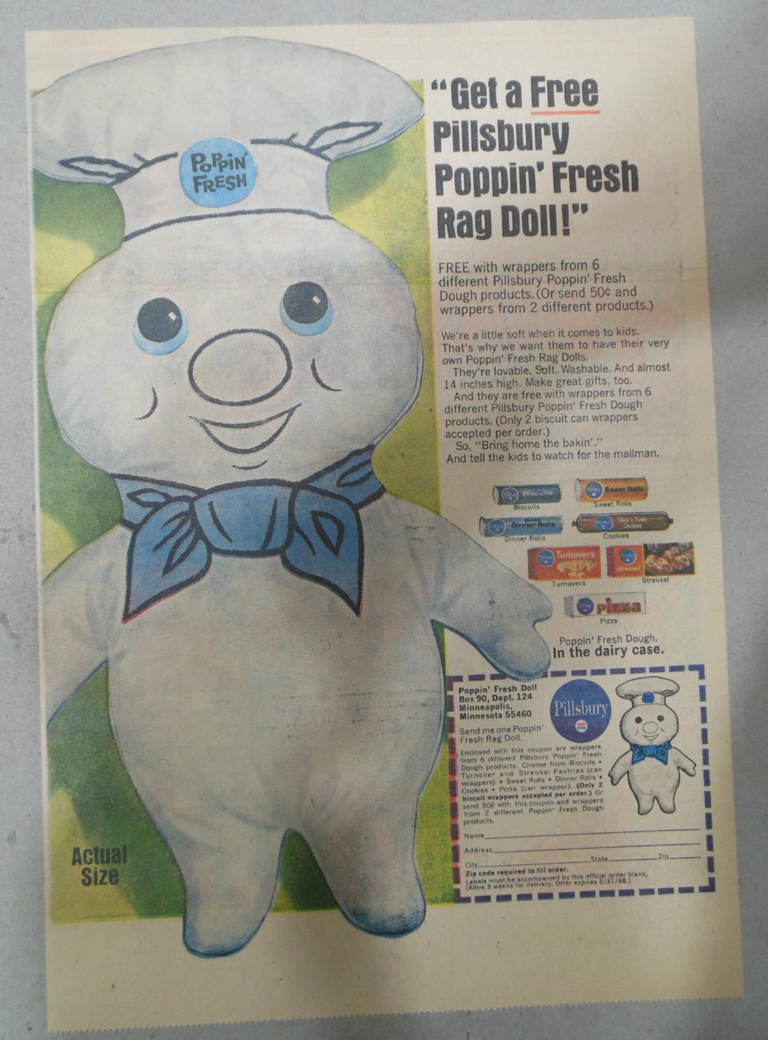 Pillsbury Ad: Free Poppin' Fresh Rag Doll Premium from 1968 Size: 11 x 15 inches