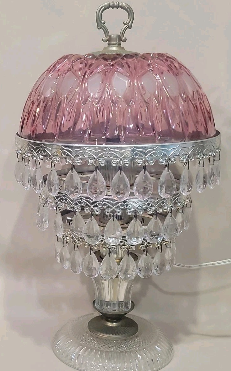 Vintage Michelotti Boudoir Mantle Lamp 4-Tier Cranberry Glass Shade, Prisms 16 Vintage Michelotti Boudoir Mantle Lamp 4-Tier Cranberry Glass Shade, Prisms 16