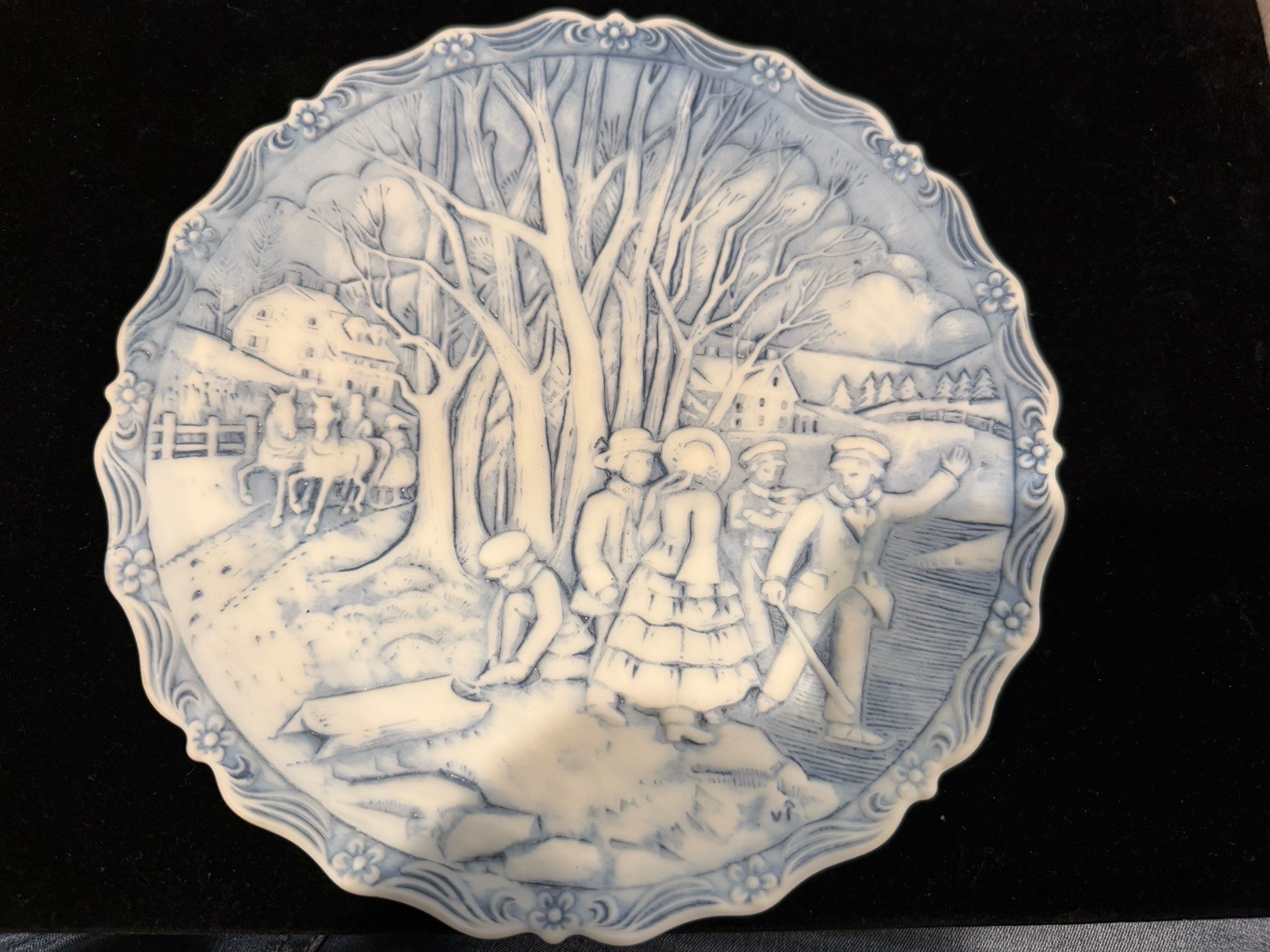 Vintage 1983 Fenton Blue Milk Glass Winter Pastime Coke Tor Plate
